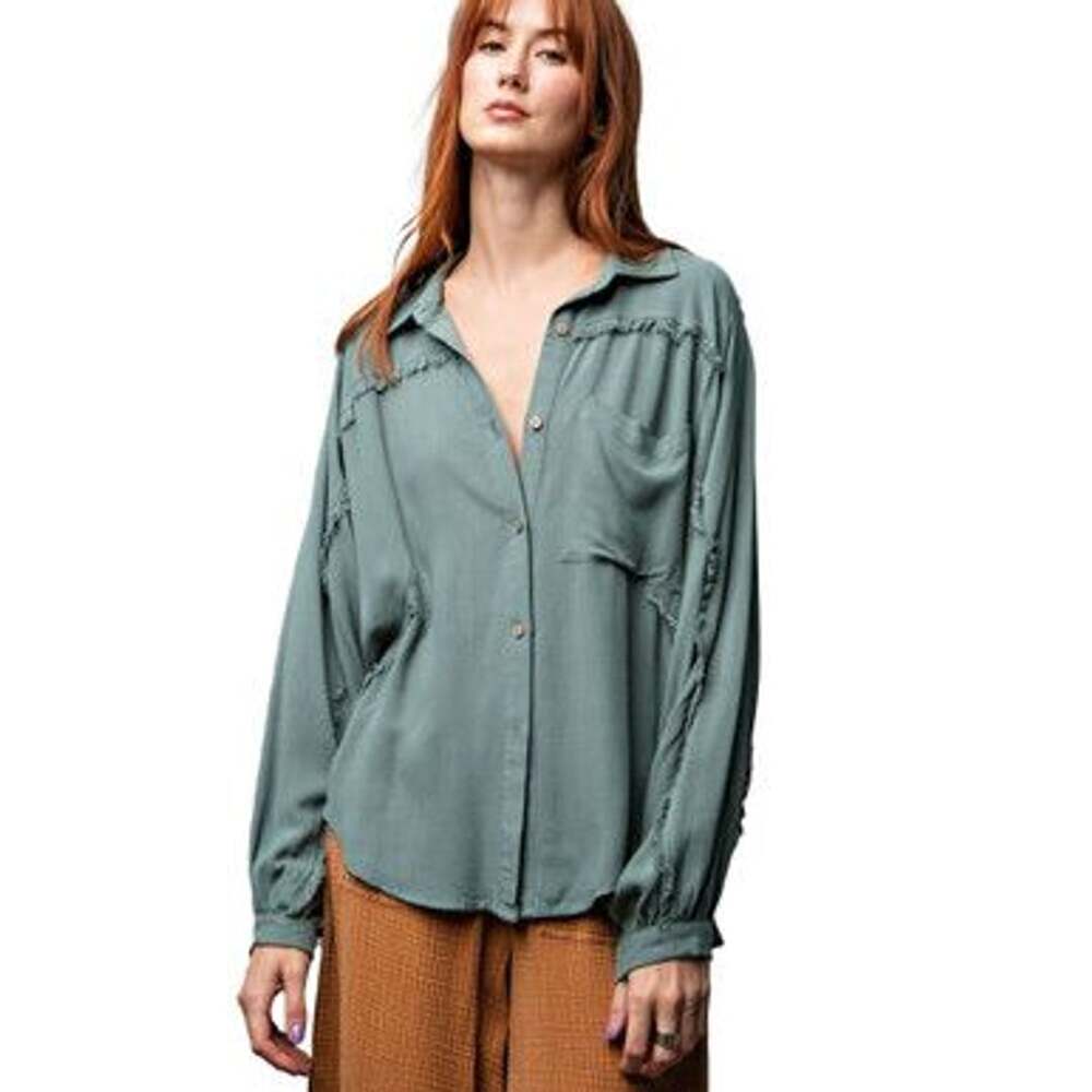 Easel Los Angeles Sage Green Button Down Top with Raw Edge Seams Size S